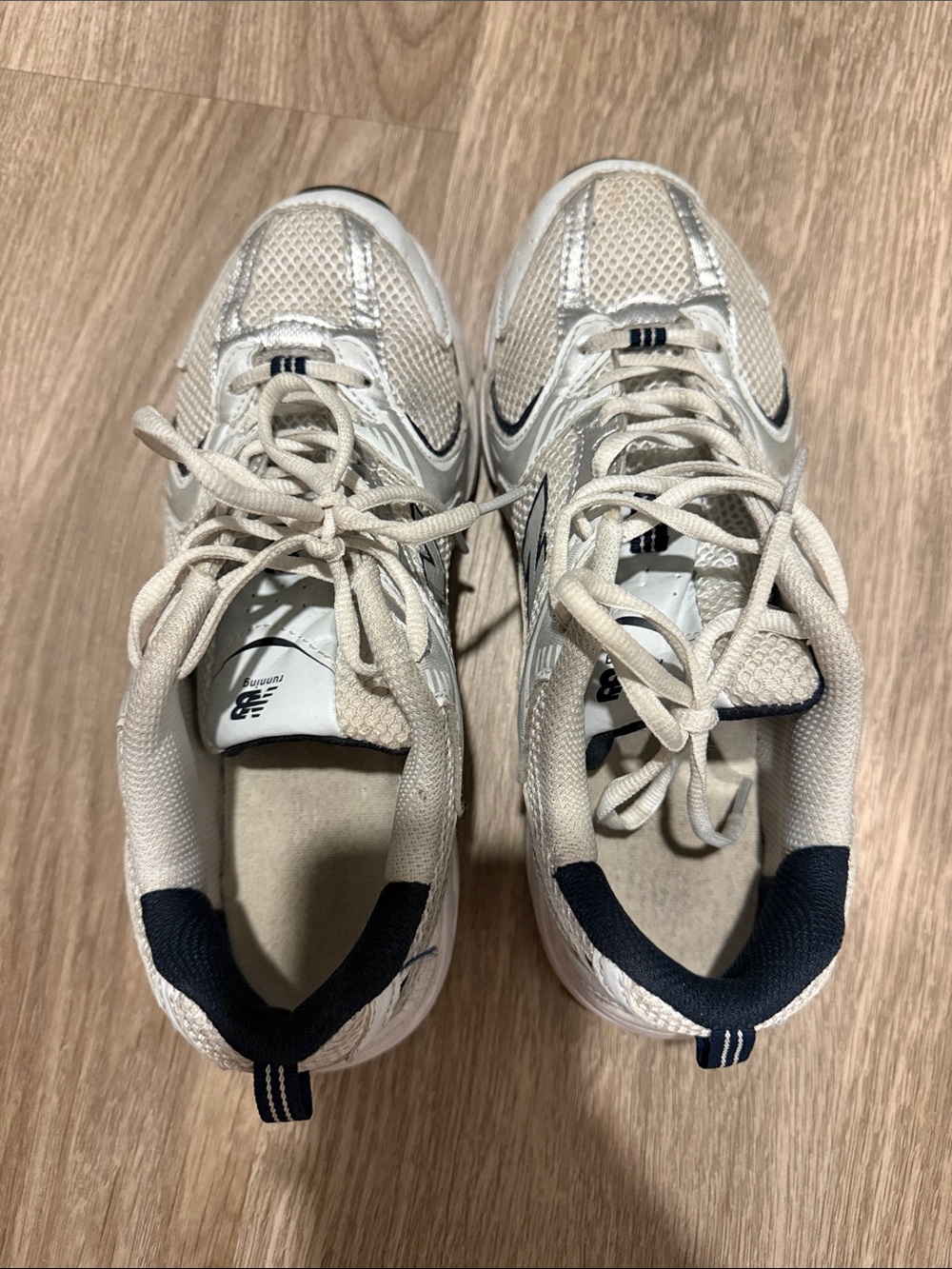 New Balance Off-White and Navy Athletic Sneakers